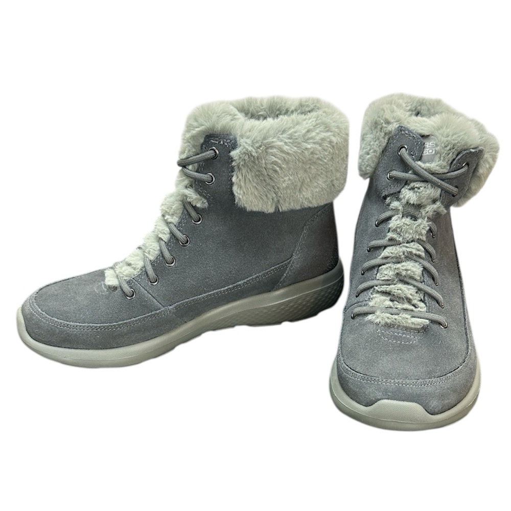 Skechers Gray On The Go Goga Mat Leather Faux Fur Bootie 14611 Gen 5